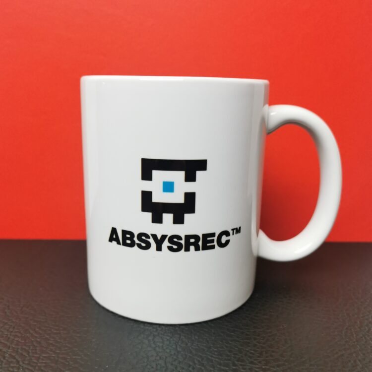 Picture of an 11oz Ceramic mug with Absys Records logo