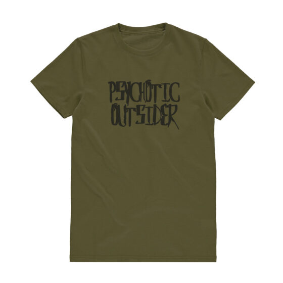 Image for illustration purposes, khaki t-shirt with band logo